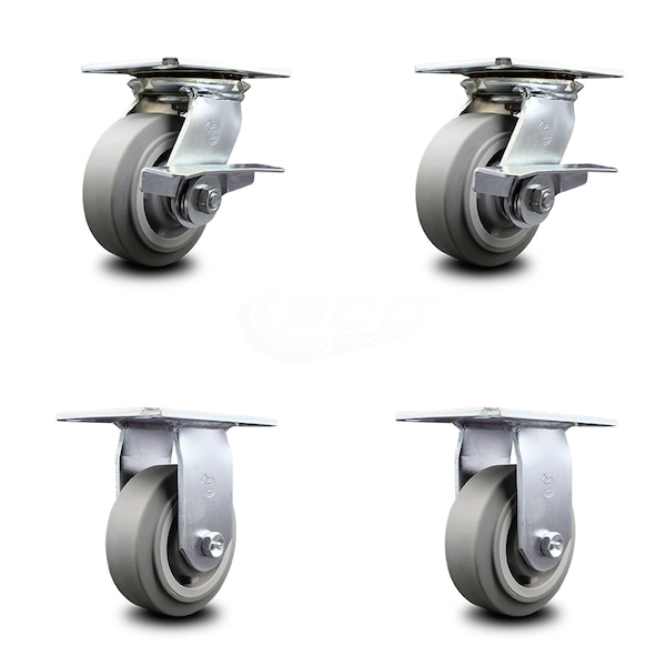 5 Inch Thermoplastic Caster Set with Ball Bearing 2 Brakes and 2 Rigid SCC